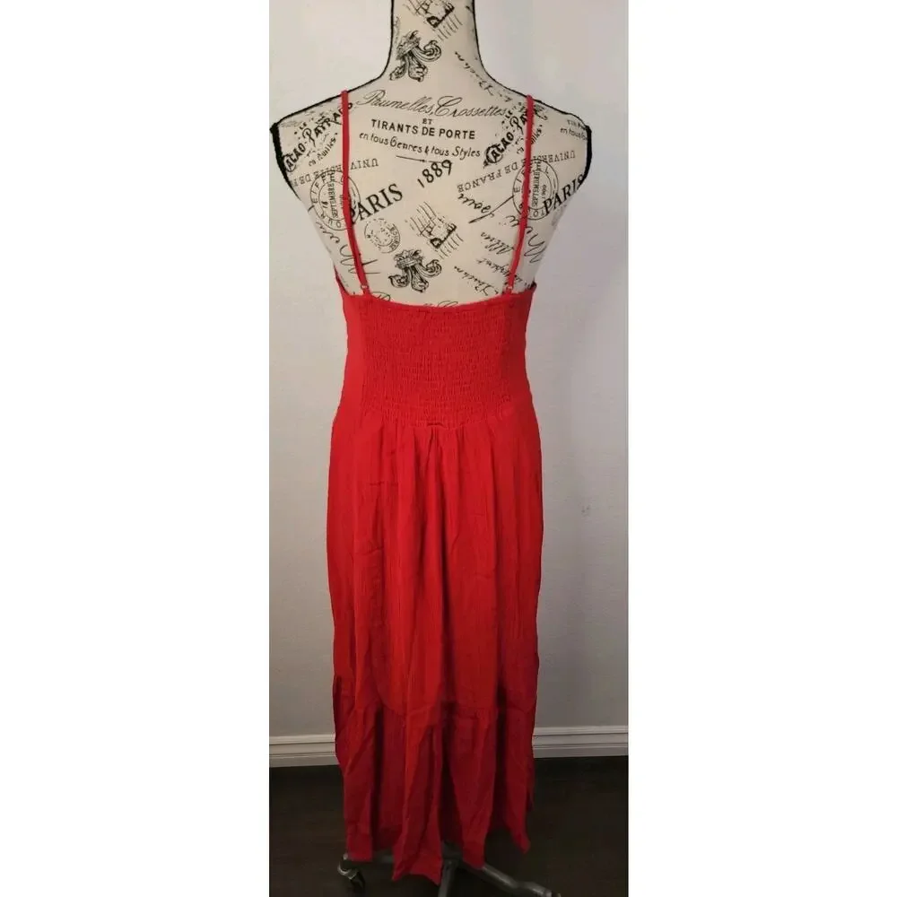 Abercrombie & Fitch Maxi Dress Medium Tall MT Button Front Red Cottage Bohemian